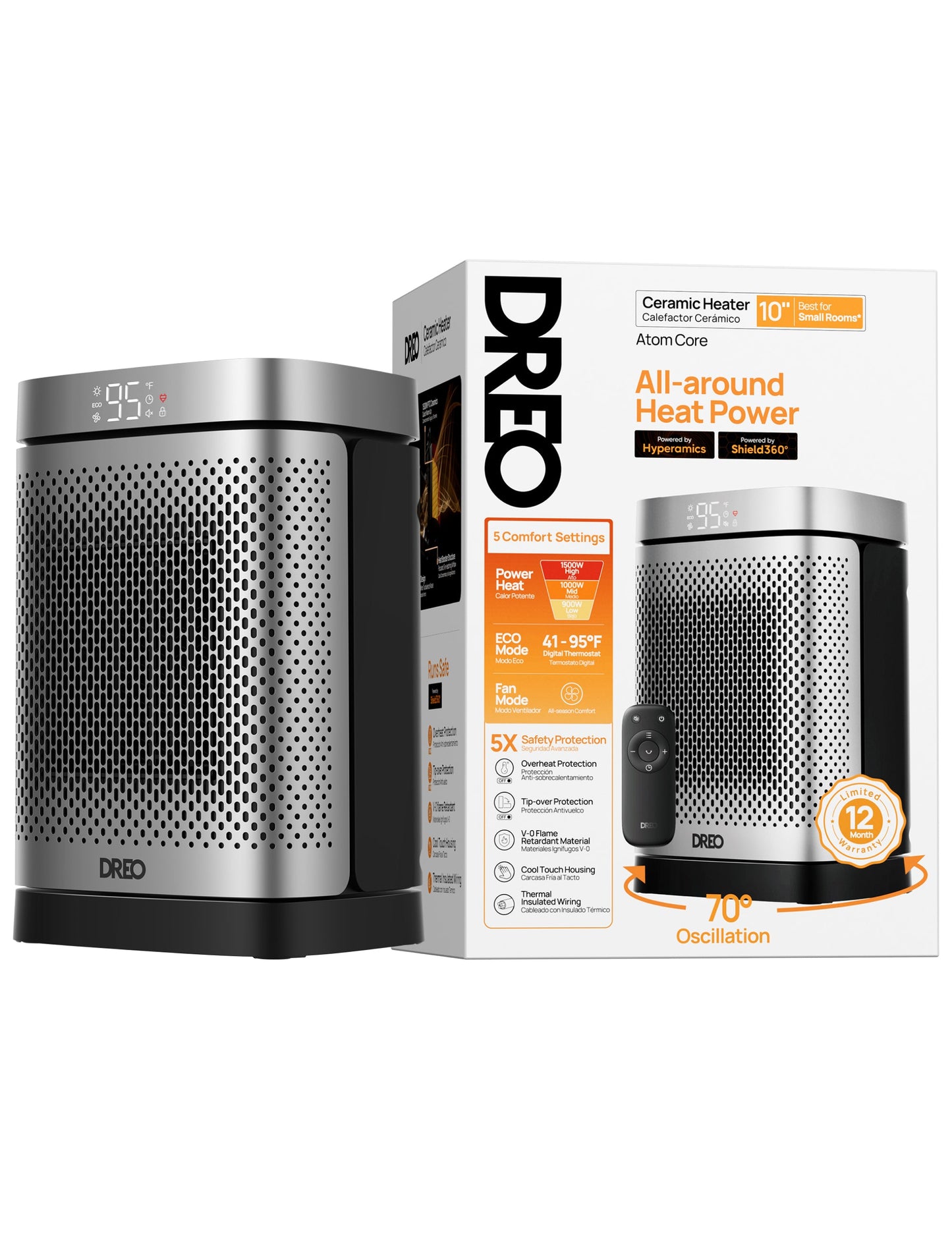 DREO Atom Core Oscillating Tabletop Space Heater with Remote