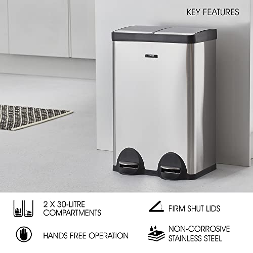 Cooks Professional Dual Recycle Pedal Bin 60L  Removable Double Compartments