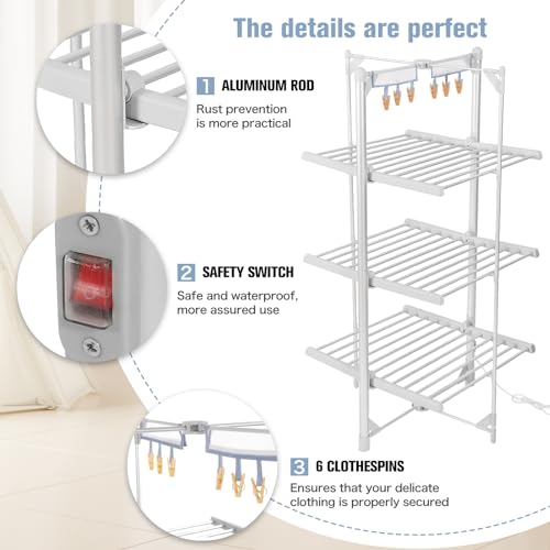 Rainberg Heated Clothes Airer, 3-Tier clothes airer with 6 Pegs