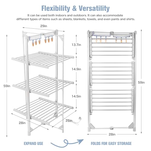 Rainberg Heated Clothes Airer, 3-Tier clothes airer with 6 Pegs