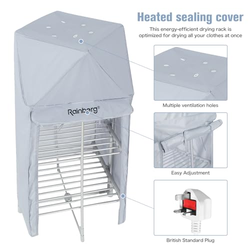 Rainberg Heated Clothes Airer, 3-Tier clothes airer with 6 Pegs