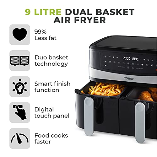 Tower T17088 Vortx 9L Duo Basket Air Fryer with Smart Finish, 2600W Power, Black