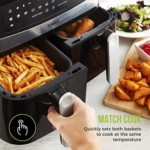 Tower T17088 Vortx 9L Duo Basket Air Fryer with Smart Finish, 2600W Power, Black