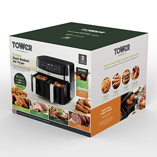 Tower T17088 Vortx 9L Duo Basket Air Fryer with Smart Finish, 2600W Power, Black