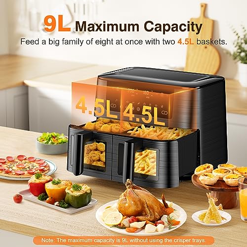 Dual Air Fryer with Visual Window, 9L XL Capacity, 2 Drawers