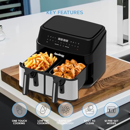 Devology Double Air Fryer - 10L - 2 x 5L Independent Dual Zone Air Fryer