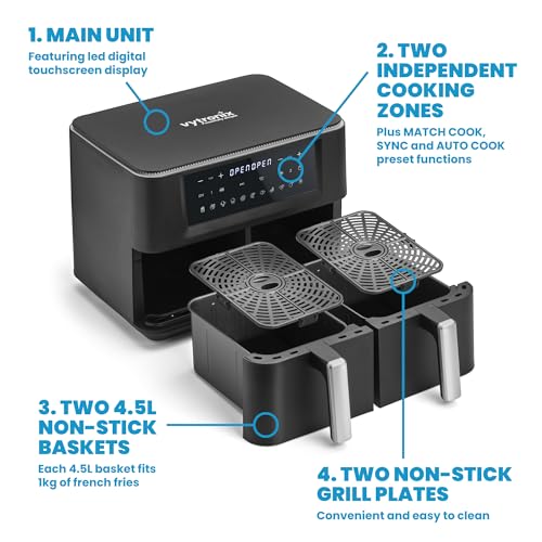 Vytronix DD9L Dual Zone Air Fryer 2 Drawer 9L  Efficient 2400W lthy Oil Free & Low-Fat Cooking