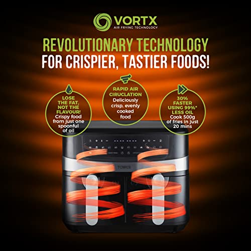 Tower T17088 Vortx 9L Duo Basket Air Fryer with Smart Finish, 2600W Power, Black